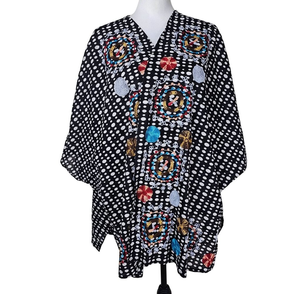 Anu‎ Oversized Embroidered Kimono Poncho Cape Jacket Robe S Artsy Boho Lagenlook